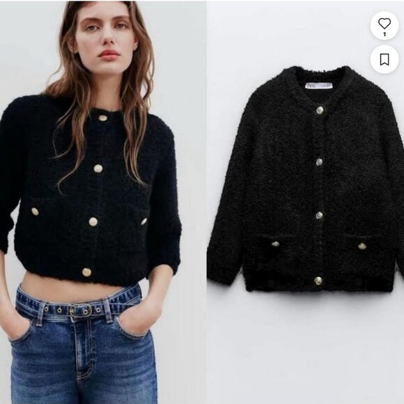 Zara Sweaters - ZARA Black Jacket Knit Cardigan Gold Button With Pockets 3/4 Sleeves Size M NWT